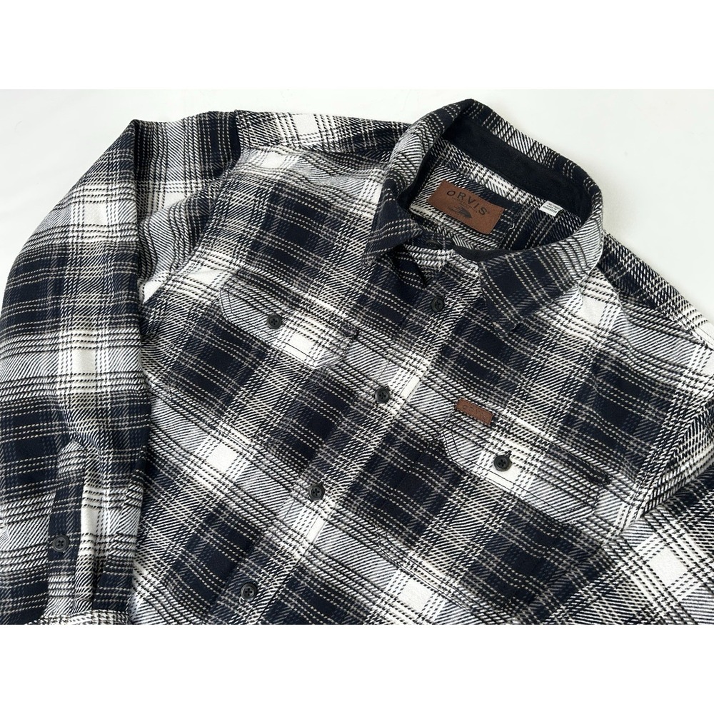 Orvis Shirt Men's XL Black/White Shacket Flannel Plaid Long Sleeve Button Up